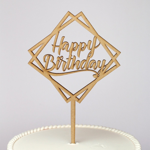 Cake Topper - Happy Birthday Geometric - Wood